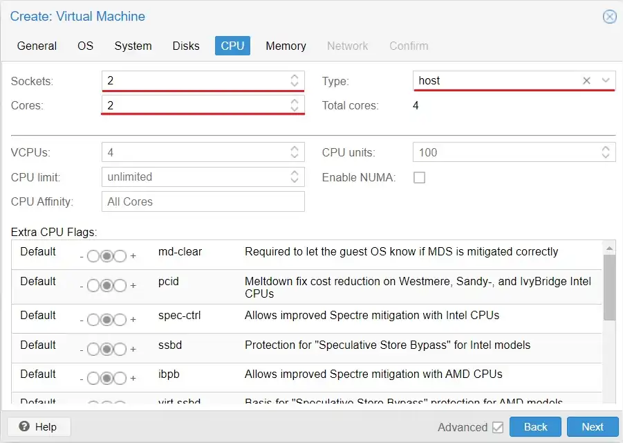 Set Sockets, Cores count and CPU Type